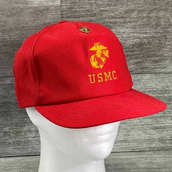 VTG USMC Marines USA Made Adjustable Snap Back Trucker Hat Embroidered Logo Red - Picture 1 of 14